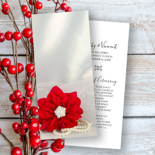 Red Poinsettia White Pearls Winter Wedding Program Programm