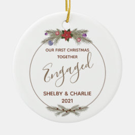 Red Poinsettia Wreath First Christmas Verlobt Keramik Ornament