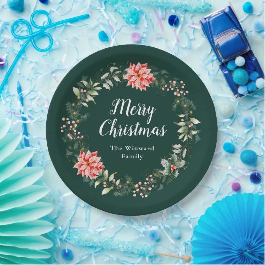 Red Poinsettia Wreath Frohe Weihnachten Pappteller (Party)