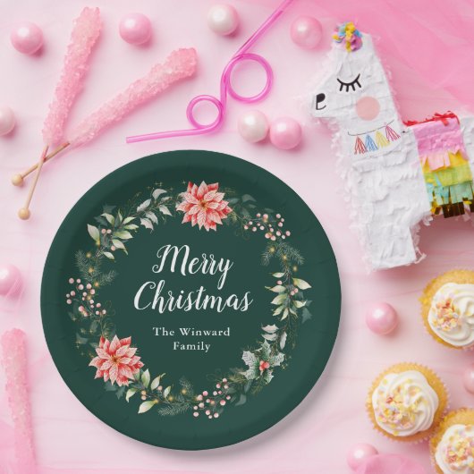 Red Poinsettia Wreath Frohe Weihnachten Pappteller (Party)