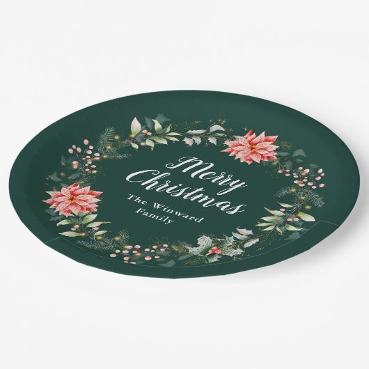 Red Poinsettia Wreath Frohe Weihnachten Pappteller (Schrägansicht)