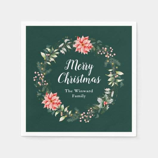 Red Poinsettia Wreath Frohe Weihnachten Serviette (Vorderseite)