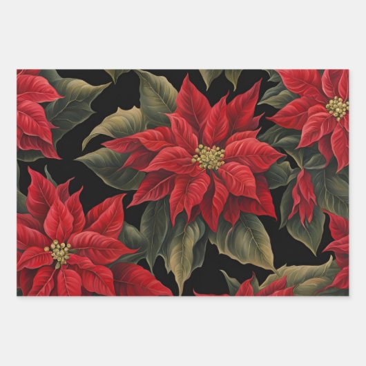 Red Poinsettias Black Christmas Blume Geschenkpapier Set (Vorderseite)