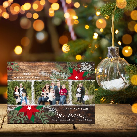 Red Poinsettias Dark Wood Frohe Weihnachtskarte Einladung