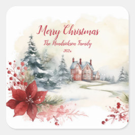 Red Poinsettias Green Pine Trees Weihnachten Quadratischer Aufkleber