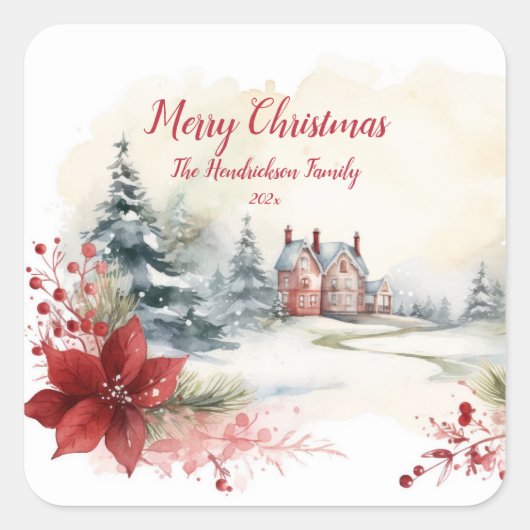 Red Poinsettias Green Pine Trees Weihnachten Quadratischer Aufkleber (Vorderseite)