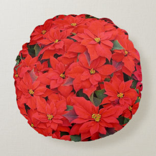 Red Poinsettias I Christmas Holiday Floral Foto Rundes Kissen