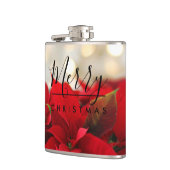 Red Poinsettias mit Golden Bokeh Weihnachten Flachmann (Links)