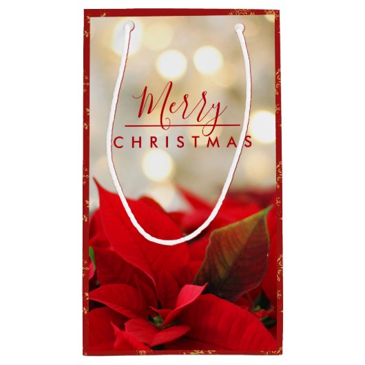 Red Poinsettias mit Golden Bokeh Weihnachten Kleine Geschenktüte (Rückseite)
