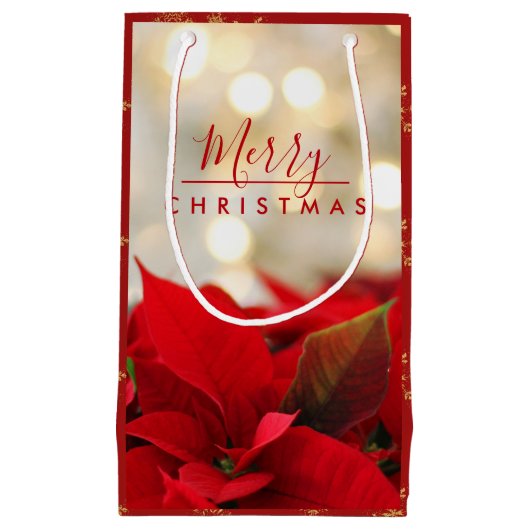 Red Poinsettias mit Golden Bokeh Weihnachten Kleine Geschenktüte (Vorderseite)
