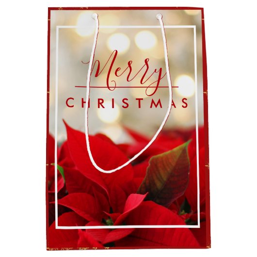Red Poinsettias mit Golden Bokeh Weihnachten Mittlere Geschenktüte (Vorderseite)