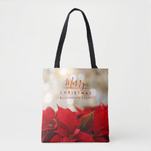 Red Poinsettias mit Golden Bokeh Weihnachten Tasche