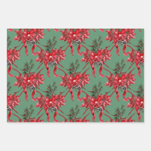 Red Poinsettias Ribbon Bows Lattice Green Red Gold Geschenkpapier Set (Vorderseite)