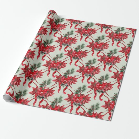 Red Poinsettias Ribbon Bows Lattice Sage Green Geschenkpapier (Ungerollt)
