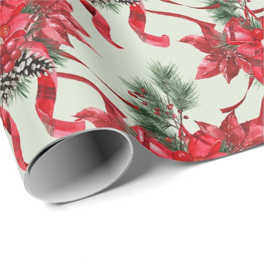 Red Poinsettias Ribbon Bows Lattice Sage Green Geschenkpapier (Rolleneckpunkt)