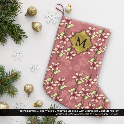 Red Poinsettias & Snowflakes Gold Monogramm Kleiner Weihnachtsstrumpf