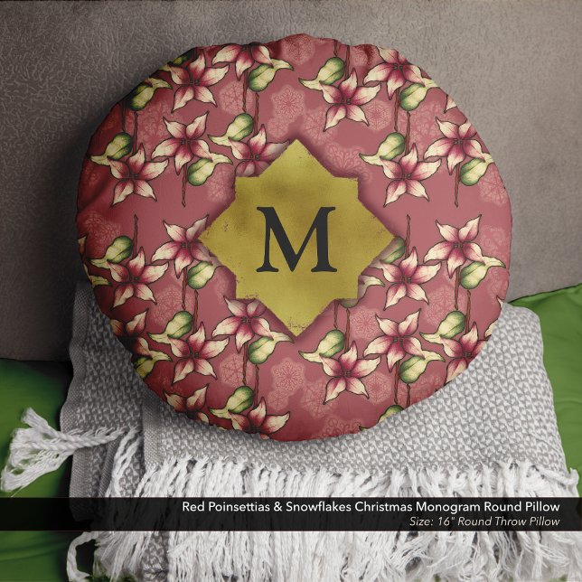 Red Poinsettias & Snowflakes Weihnachtsmonogramm Rundes Kissen (Christmas Throw Pillow with Red Poinsettias and Snowflakes, and a Gold Monogram - Size: 16" Round)