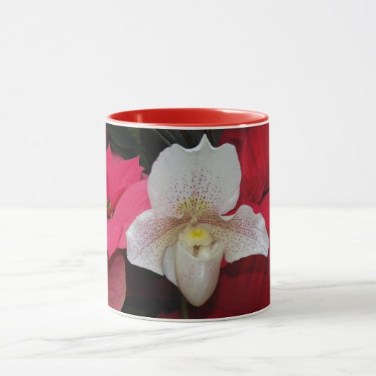Red Poinsettias und Lady Slipper Orchid Holiday Tasse (Zentrum)