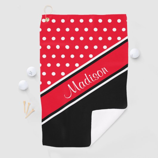 Red Polka Dot Black Diagonal Script Name Golfhandtuch (Insitu)