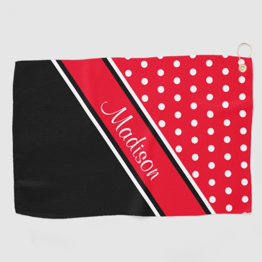 Red Polka Dot Black Diagonal Script Name Golfhandtuch (Horizontal)