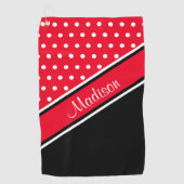 Red Polka Dot Black Diagonal Script Name Golfhandtuch (Vorderseite)