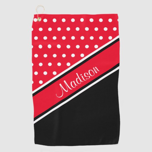 Red Polka Dot Black Diagonal Script Name Golfhandtuch (Vorderseite)