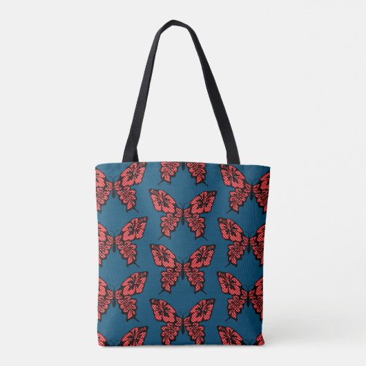 Red Polka Dot Butterfly Pattern on Blue Tasche (Rückseite)