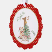 Red Polka Dot Erstes Weihnachtsdesign Ornament Karte (Links)