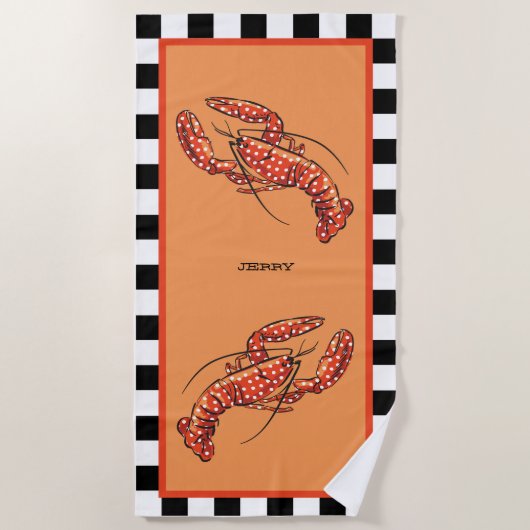 Red Polka Dot Lobster mit Namen Strandtuch (Vorderseite)