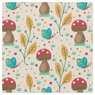 Red Polka Dot Mushrooms & Butterflies Muster Stoff