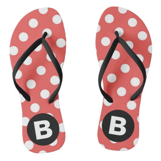 Red Polka Dot Pattern Black Monogram Badesandalen (Fußbett)
