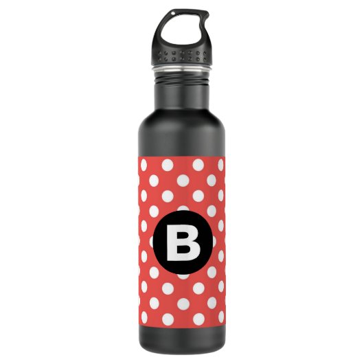 Red Polka Dot Pattern Black Monogram Edelstahlflasche (Vorderseite)