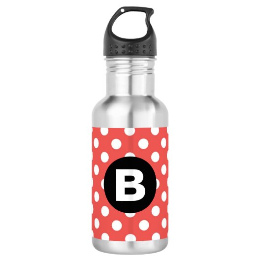 Red Polka Dot Pattern Black Monogram Edelstahlflasche (Vorderseite)