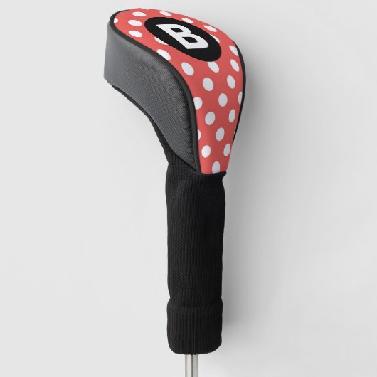 Red Polka Dot Pattern Black Monogram Golf Headcover (angewinkelt)