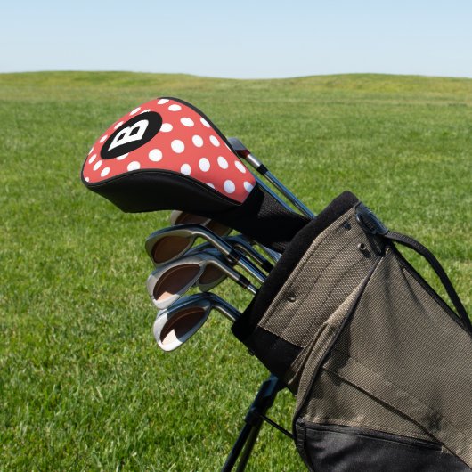 Red Polka Dot Pattern Black Monogram Golf Headcover (In SItu)