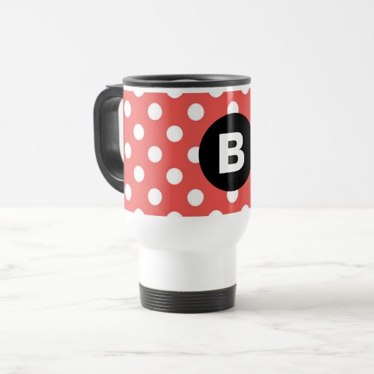 Red Polka Dot Pattern Black Monogram Reisebecher (Vorderseite Links)