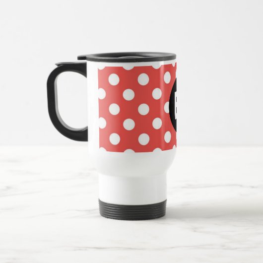 Red Polka Dot Pattern Black Monogram Reisebecher (Links)