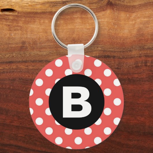 Red Polka Dot Pattern Black Monogram Schlüsselanhänger (Rückseite)