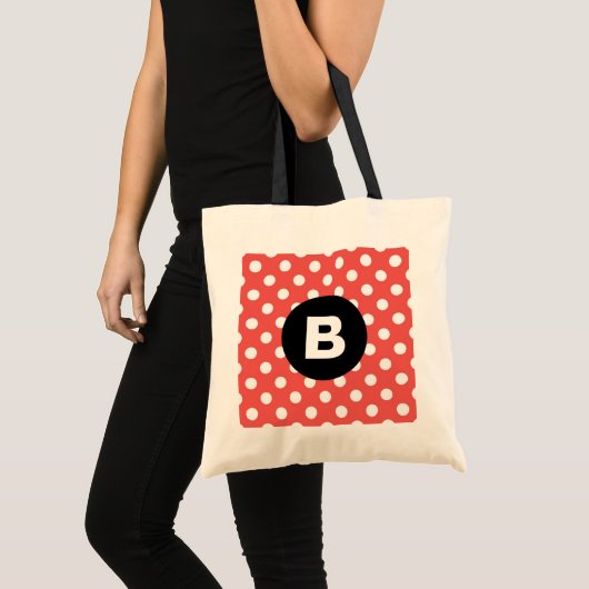 Red Polka Dot Pattern Black Monogram Tragetasche (Vorderseite (Produkt))
