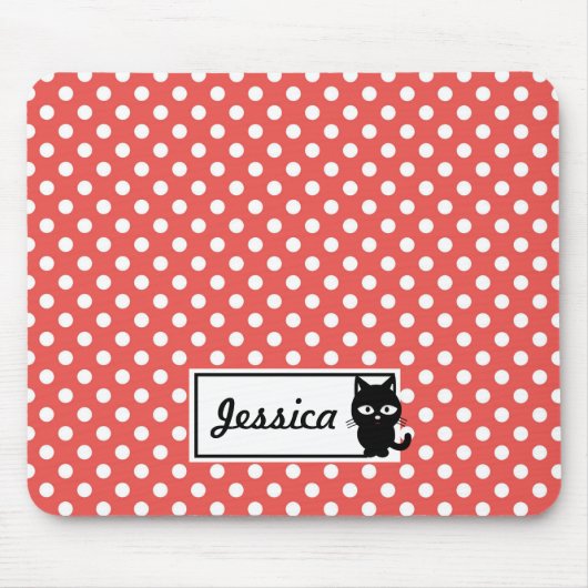 Red Polka Dot und Black Cat Personalisiert Mousepad (Vorne)