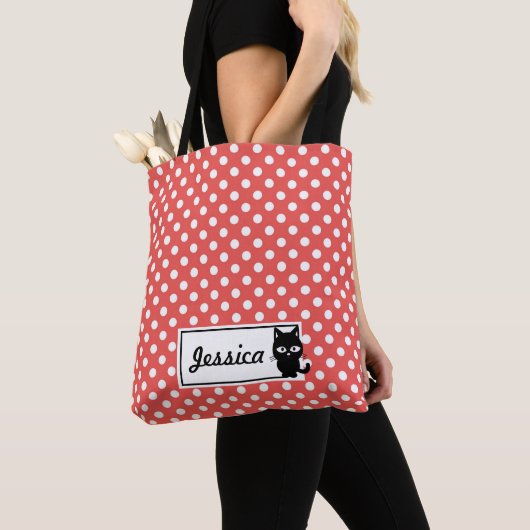 Red Polka Dot und Black Cat Personalisiert Tasche (Von Nahem)