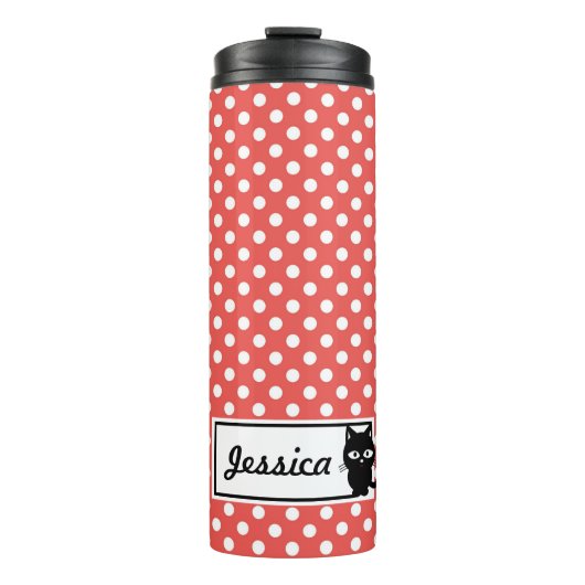 Red Polka Dot und Black Cat Personalisiert Thermosbecher (Vorderseite)