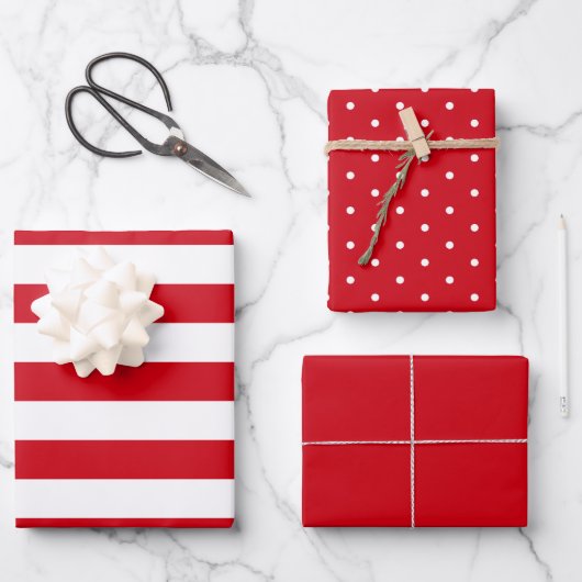 Red Polka Dot Wide Striped und Solid Geschenkpapier Set (Vorderseite)