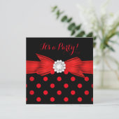 Red Polka Dots Diamond Bow Black Party Einladung (Stehend Vorderseite)