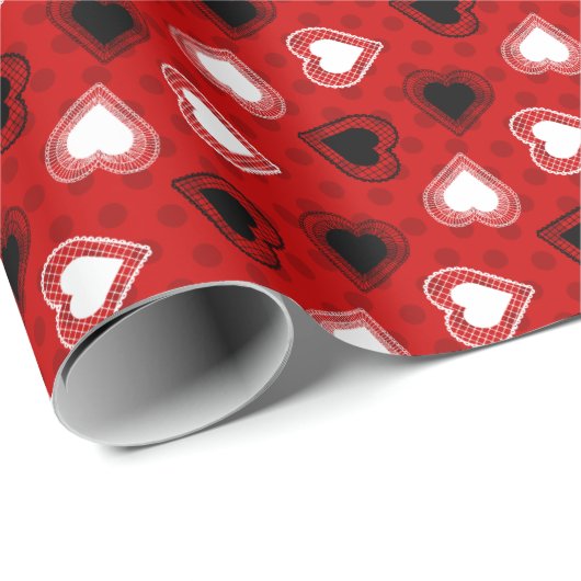 Red Polka Dots Lace Hearts Geschenkpapier (Rolleneckpunkt)