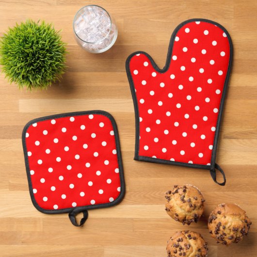 Red Polka Dots Oven Mitt & Pot Holder Set (Oben Unten)