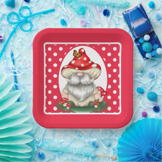 Red Polka Dotted Mushroom Gnome Pappteller (Party)