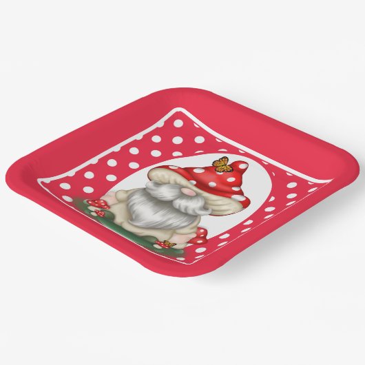 Red Polka Dotted Mushroom Gnome Pappteller (Gewinkelt)
