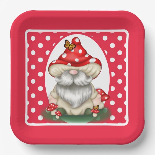 Red Polka Dotted Mushroom Gnome Pappteller (Vorderseite)