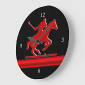 Red Polo Pony on black, red metallic-look stripe Große Wanduhr (Winkel)